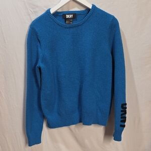 DKNY Women's Size Large Vibrant Blue Crewneck Sweater With Arm Logo Detail